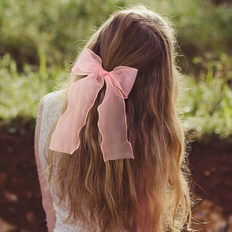 STSTR 2Pcs Large Hair Bow Clips, Pink Silk Yarn Ribbon Bow Hair Barrette for Women, Elegant Long Tail Bowknot French Hairstyles Accessories for Wedding, Parties, Festivals - Style 4 - Image 5
